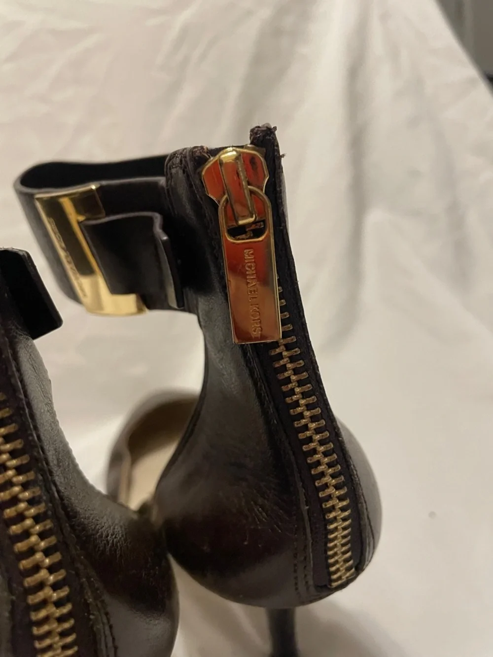 Michael Kors Dark Brown Pointed-Toe Ankle-Strap Heels with Gold Accent